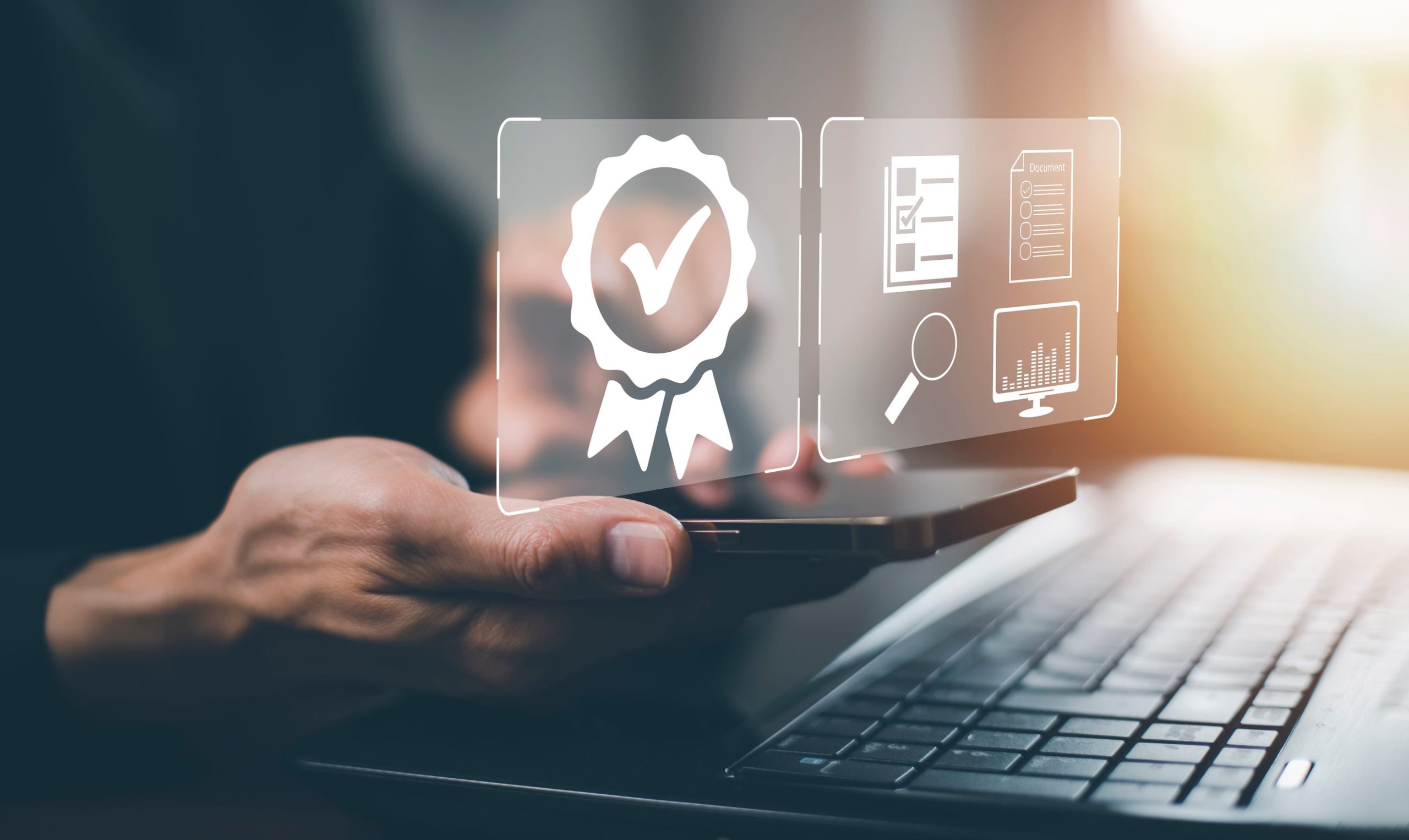 Quality assurance of business services, Smart phone with shows the sign of the top service Quality assurance in Black background , Guarantee, Standards, ISO certification and standardization concept.